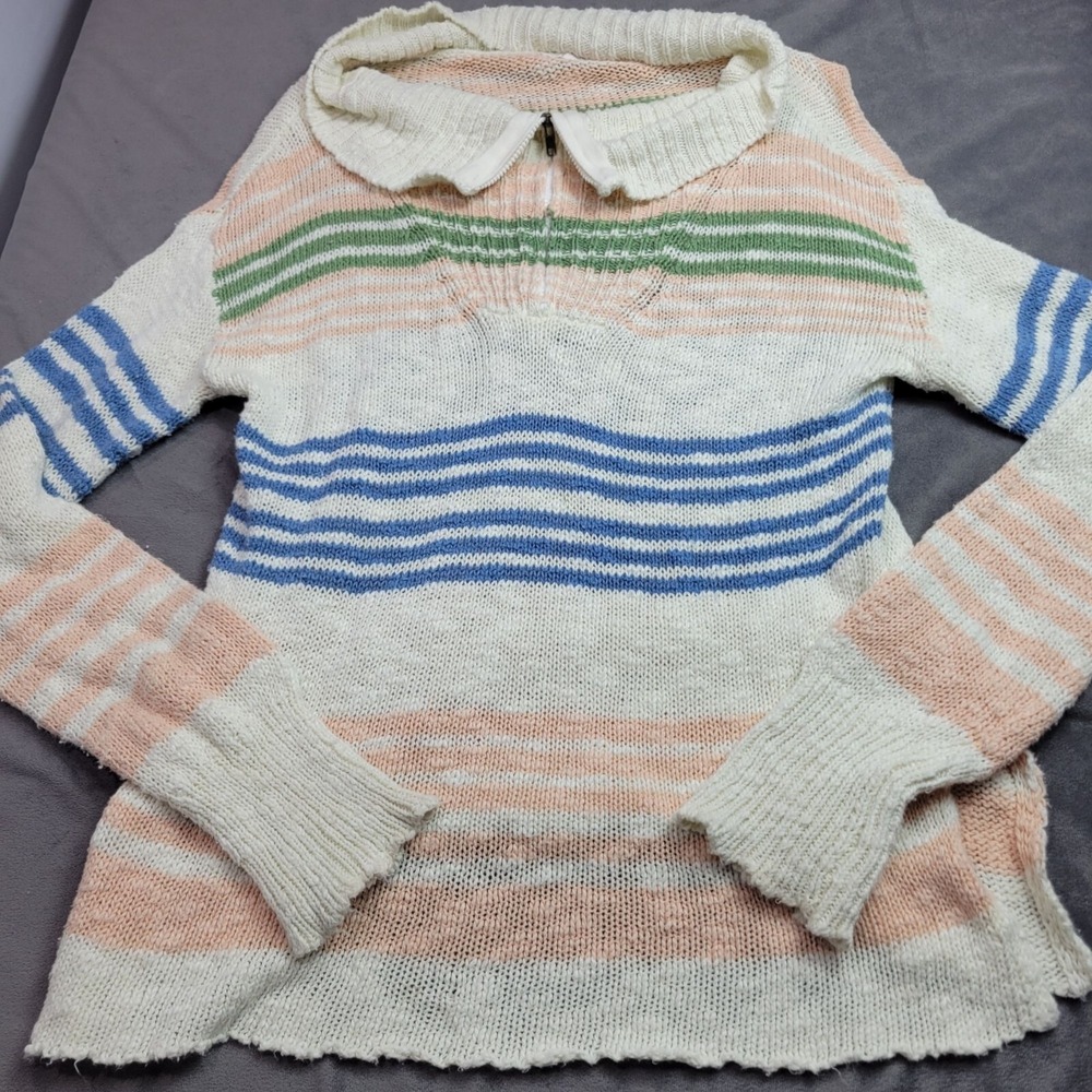 ONeill Womens Large Striped Knit Beach Sweater Foldover Collar Multicolor Cotton